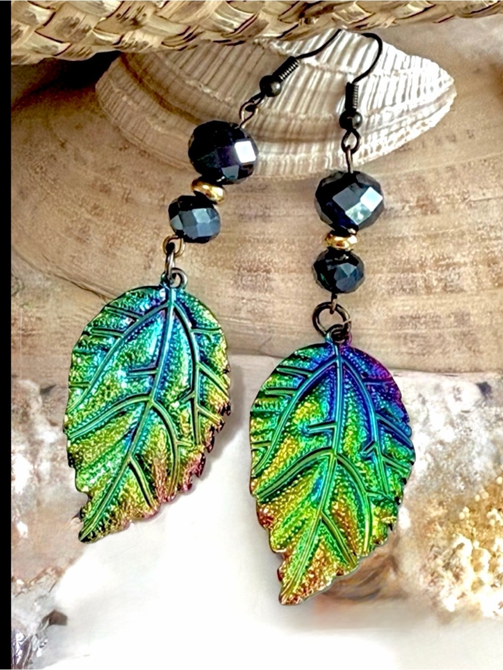 Iridescent Rainbow Titanium Leaf Crystal Boho  Beaded Earrings